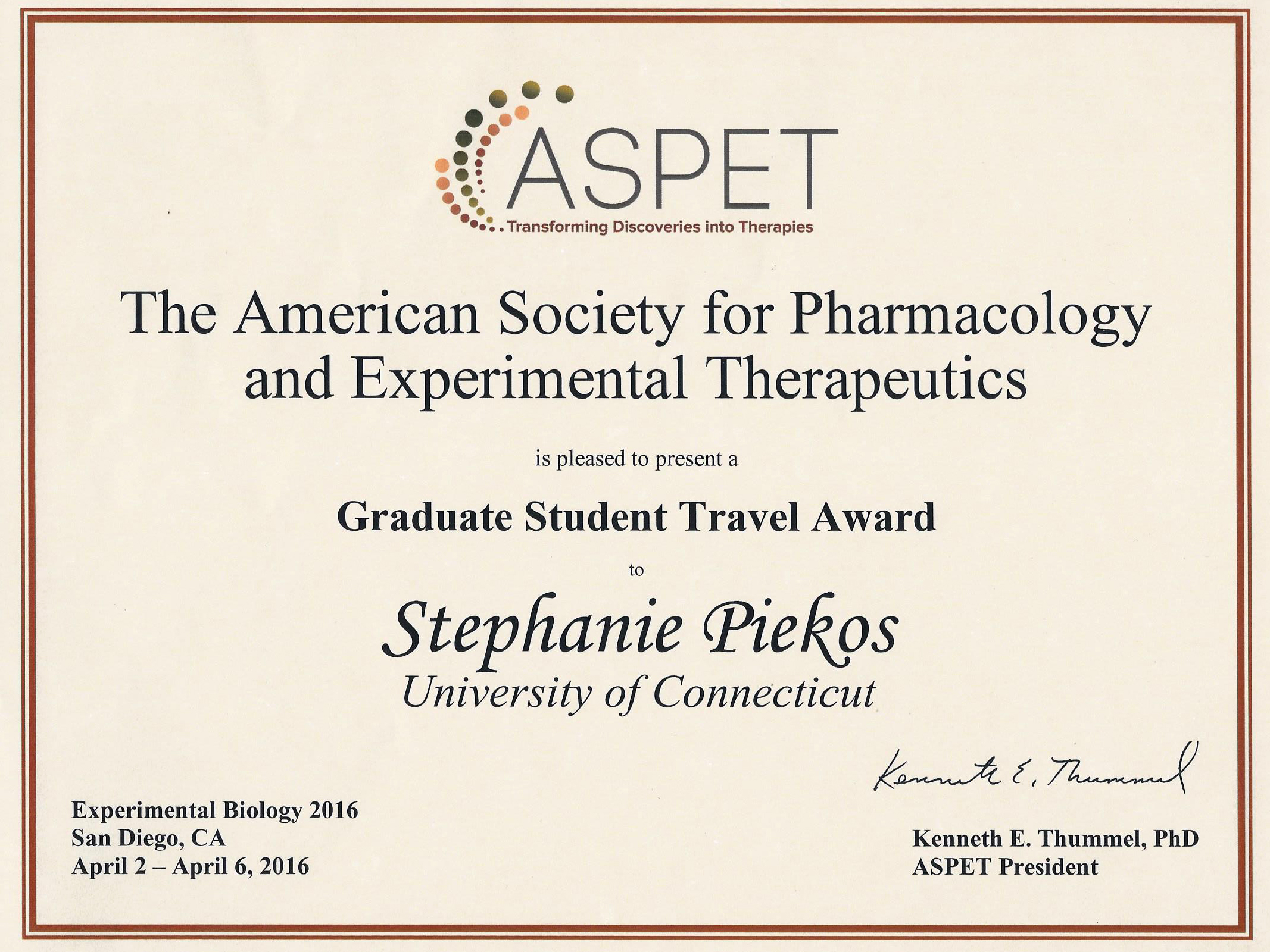  Dr. Yun-Chen Tien received 1st Plase of Postdoctoral Scientist Best Abstract Award issued by the Division for Drug Metabolism of ASPET in 2015 Experimental Biology Meeting in Boston in March, 2015.