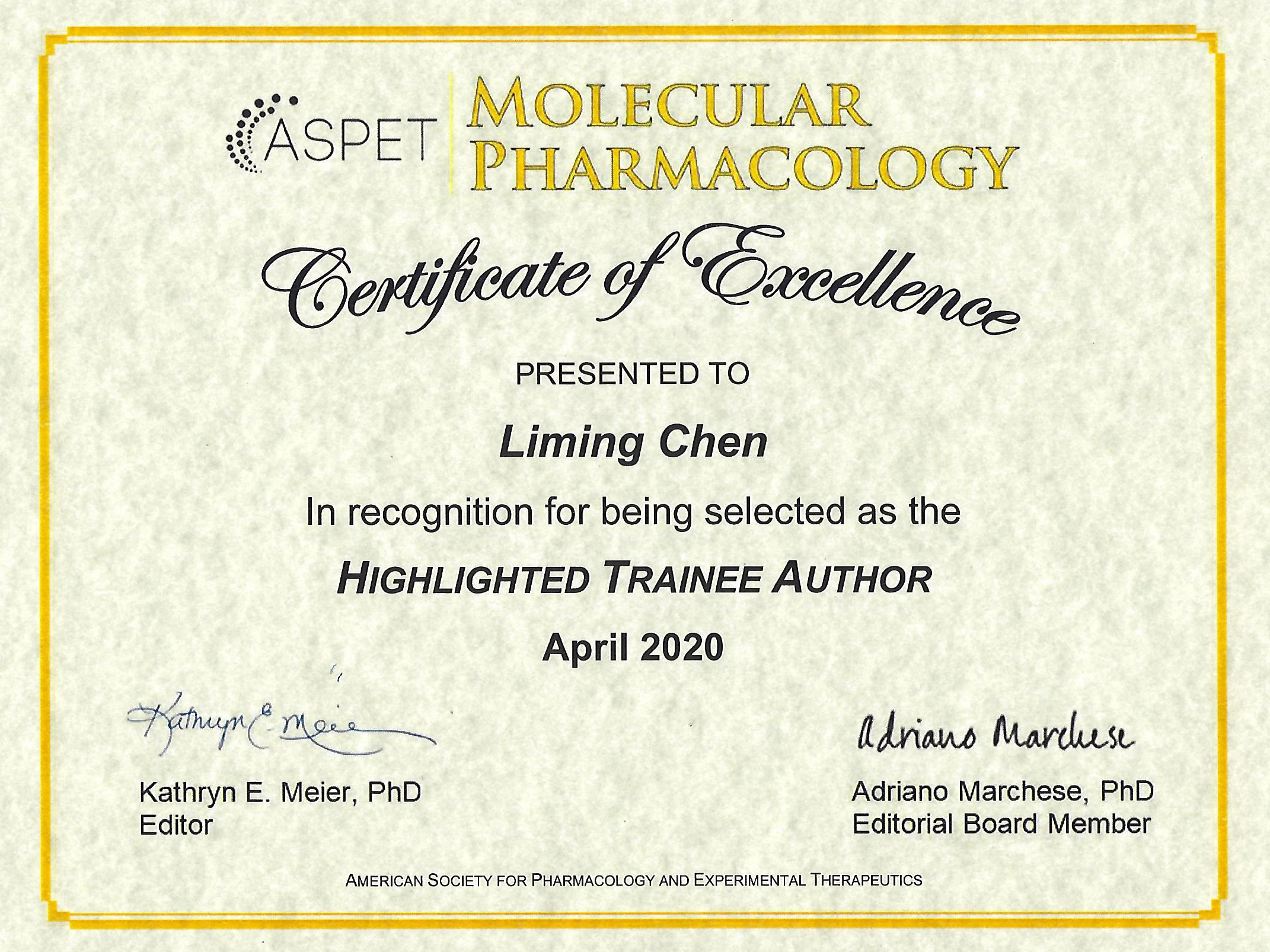 2020 Liming Mol Pharm Highlighted Author Certificate