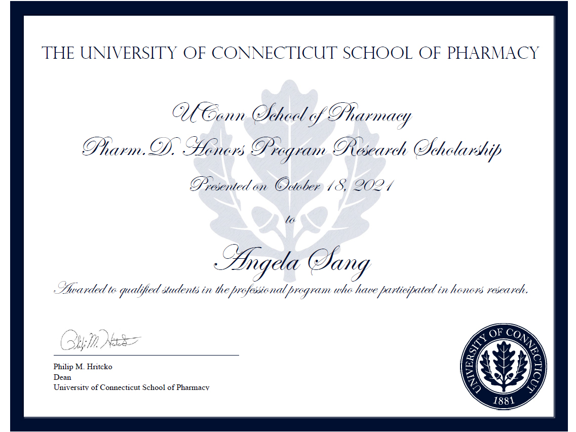 PharmD Honors Program Research Scholarship Award Angela Sang