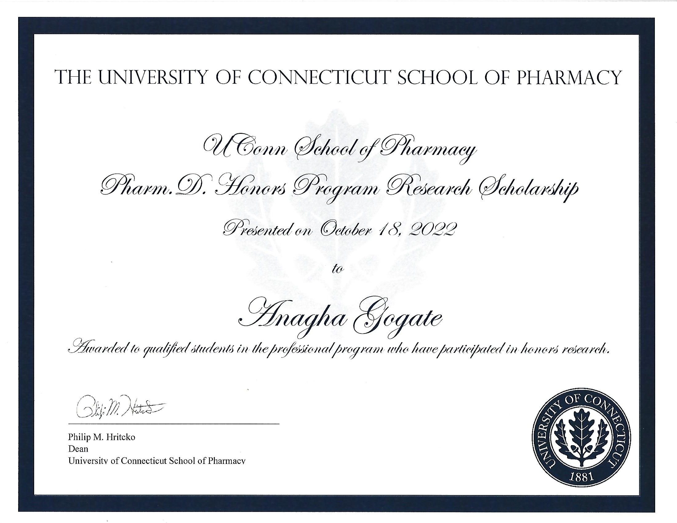 Anagha Gogate Honor Scholarship